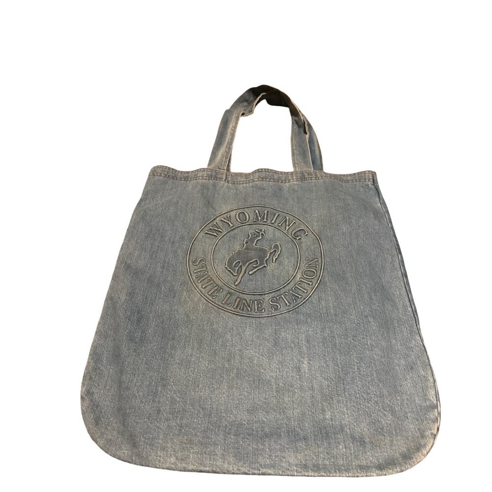 Vtg Wyoming Embossed Denim Shoulder Tote Bag USA Made Western Boho Festival